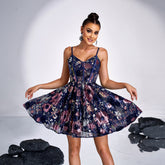 High Class Elegant Sleeveless Sling Cocktail Sequined Short Large Swing Evening Dress